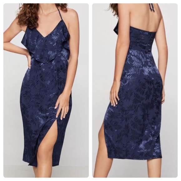 BCBGeneration Palm Leaf Ruffled Sheath Dress Navy - Picture 1 of 9